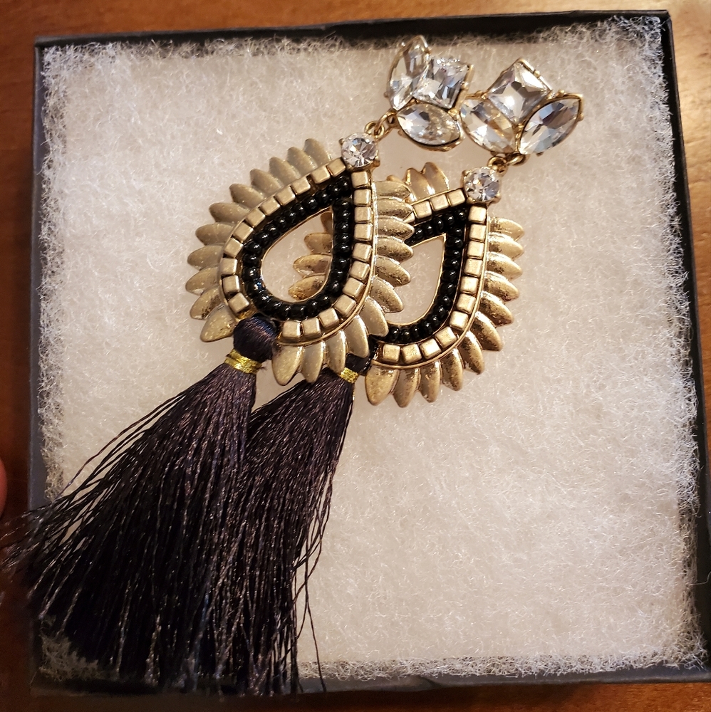 BP Gold Tone Black Tassel w/ Crystal Accent Earrings